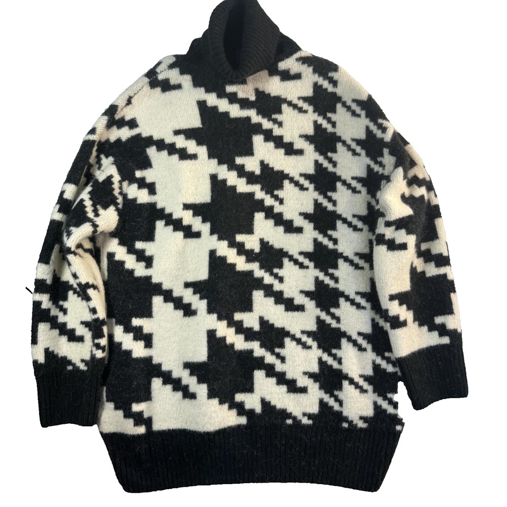 H&M Geometric Oversized Sweater Womens S Black Houndstooth Turtleneck Knit Cozy